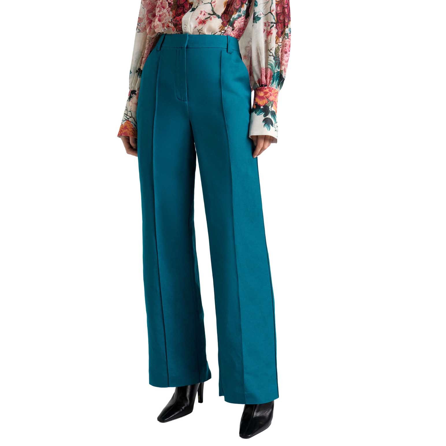 Cue Peacock Linen Blend Piped Straight Leg Pant